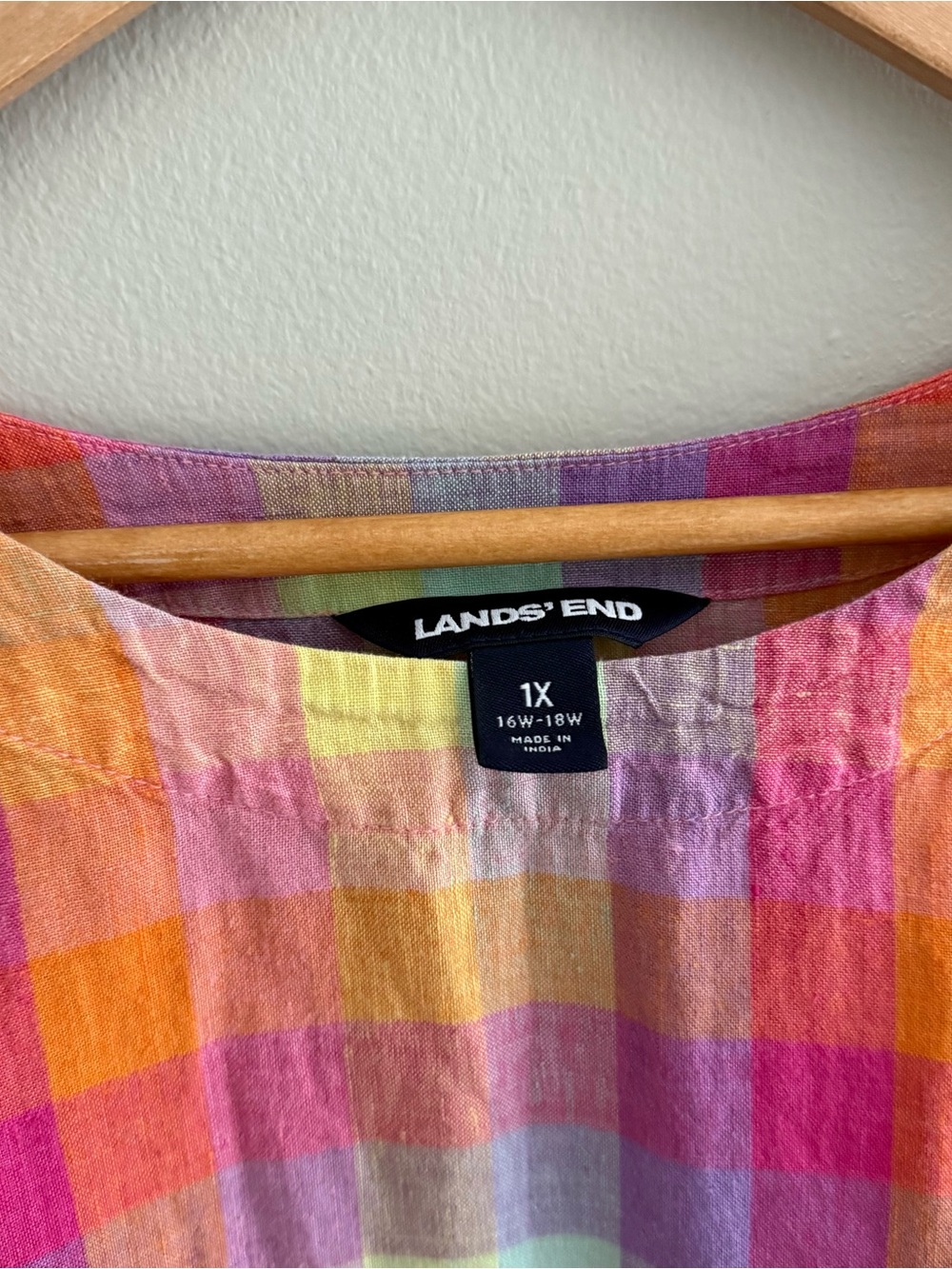 Lands End Linen Colorful Madras Plaid Short Sleeve Top women’s size 1X - Picture 3 of 6